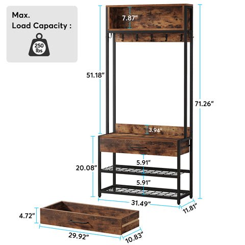 Coat Rack Shoe Bench, Entryway Hall Tree with Drawer & Hooks Tribesigns, 4