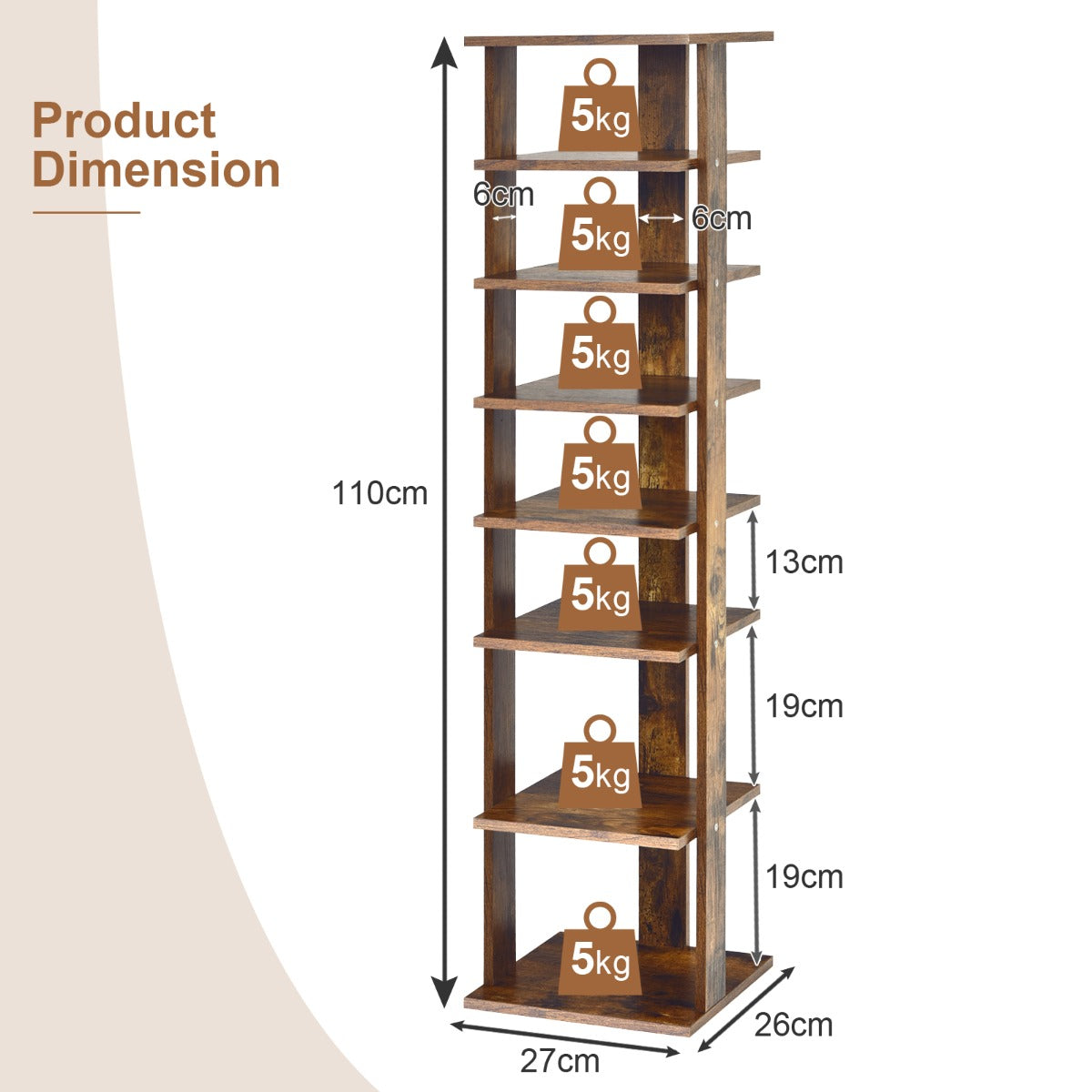 Wooden Vertical Shoe Rack with 7 Shelves-Brown, Costway, 4