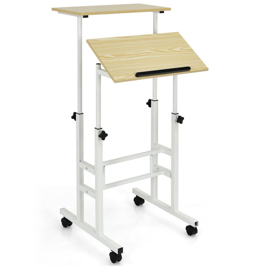2-Tier Adjustable Standing Desk on Wheels-Natural, Costway, 1