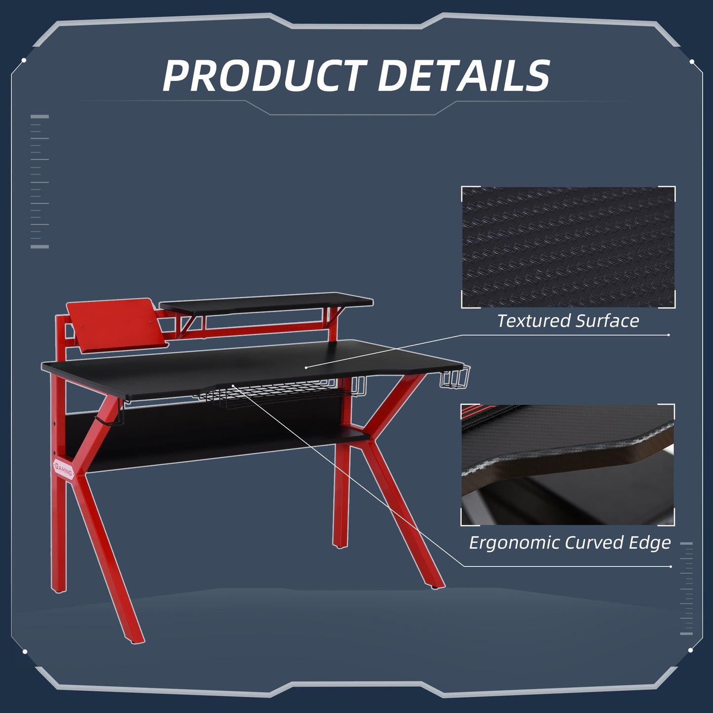 Gaming Desk, Computer Table with Monitor Stand, Cup Holder, Headphone Hook, Wire Basket and Metal Frame, 120cm, Red, HOMCOM, 4