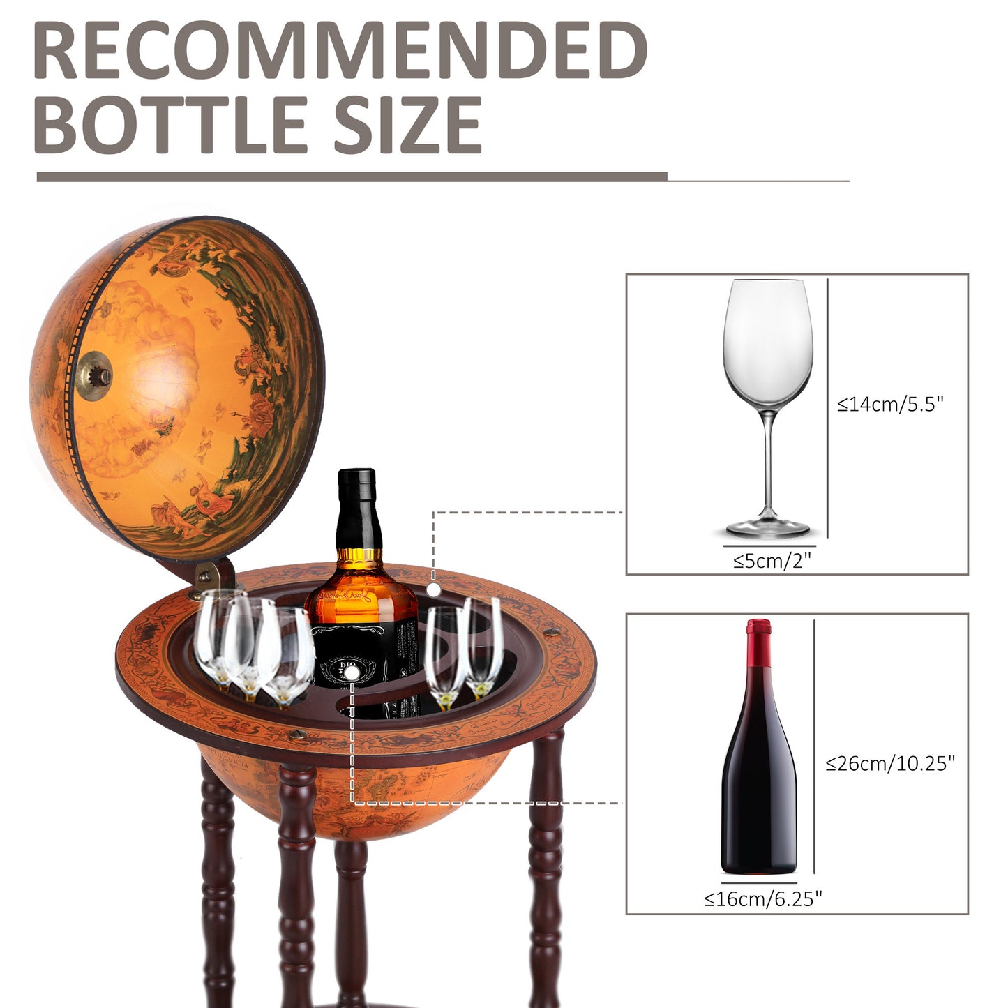 Globe Shaped Retro Style Mini Bar Drink Cabinet Movable Wine Alcohol Beverage Storage Trolley Glass Bottle Holder with Wheels 36CM, HOMCOM, 7