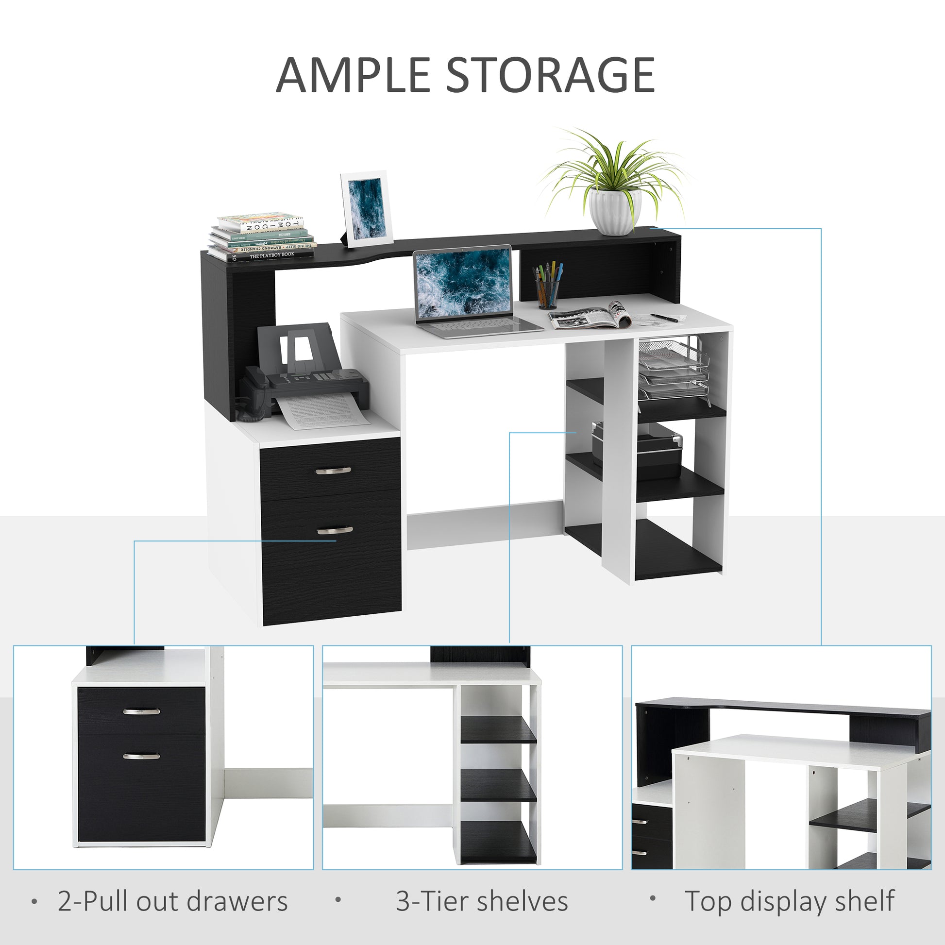 Computer Desk with Drawers and Storage Shelves, Reception Desk, Study Workstation for Home Office, 137 x 55 x 92cm, Black and White, HOMCOM, 5