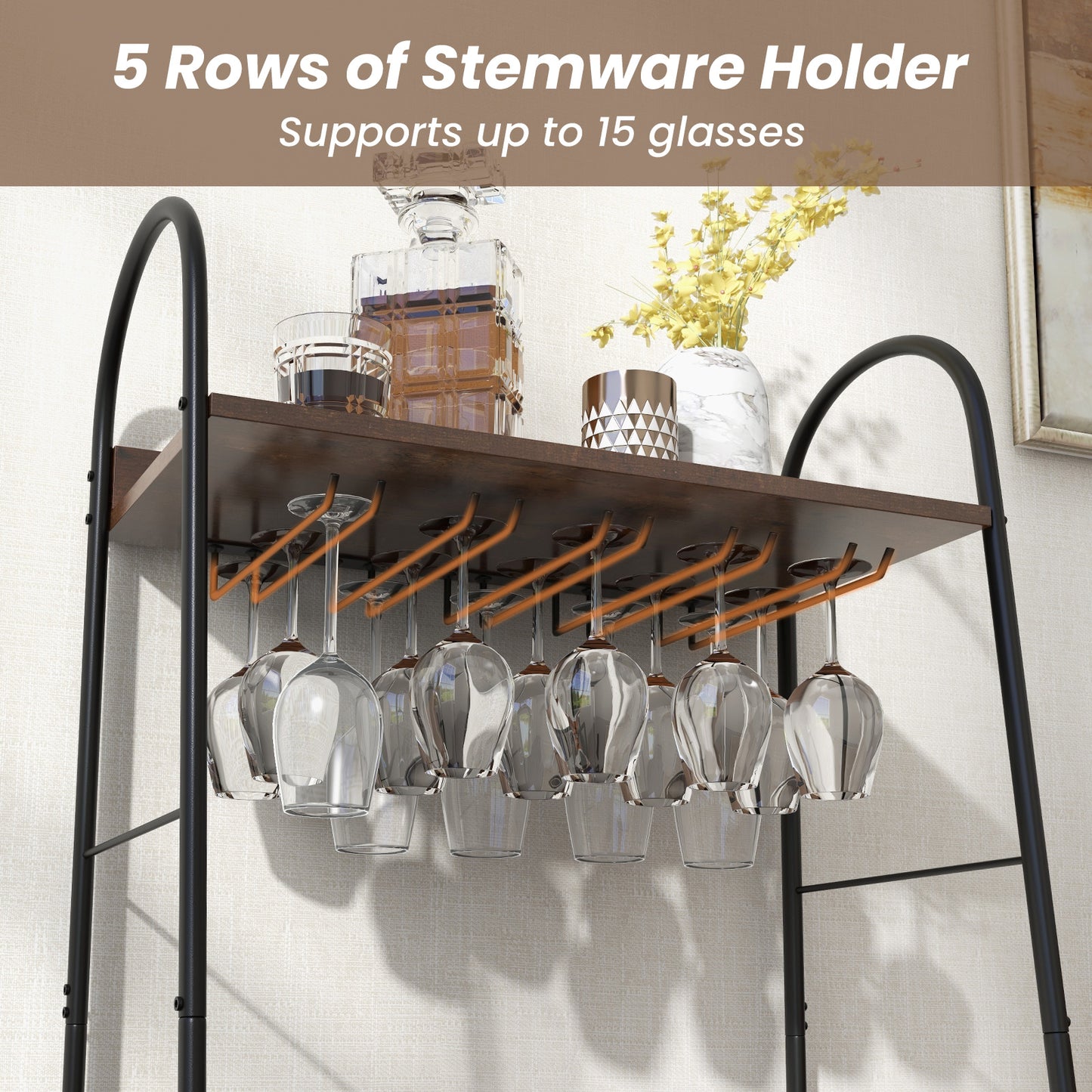 Baker’s Rack with Detachable Wine Rack and 5 Rows of Stemware Holder-Rustic Brown, Costway, 9