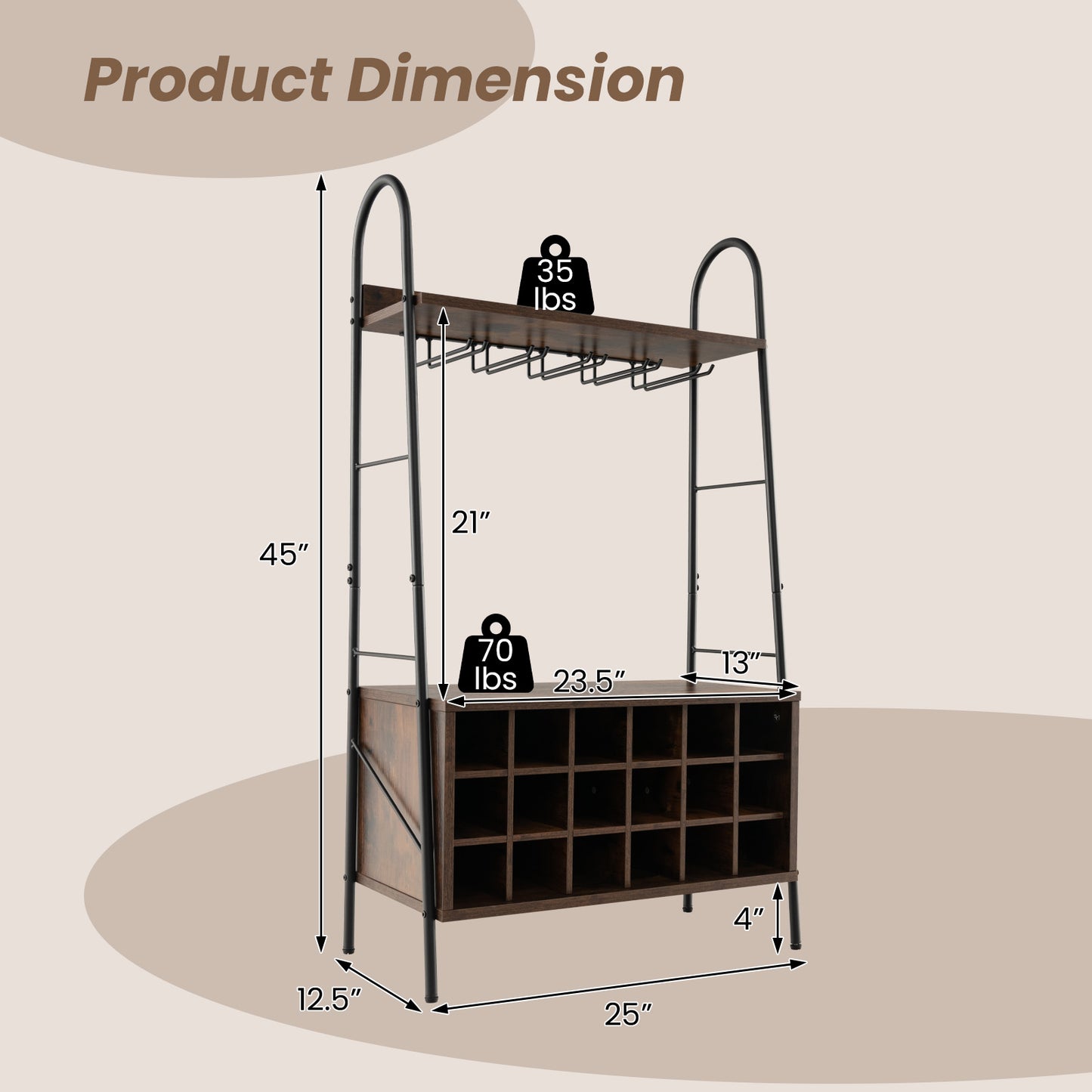 Baker’s Rack with Detachable Wine Rack and 5 Rows of Stemware Holder-Rustic Brown, Costway, 7