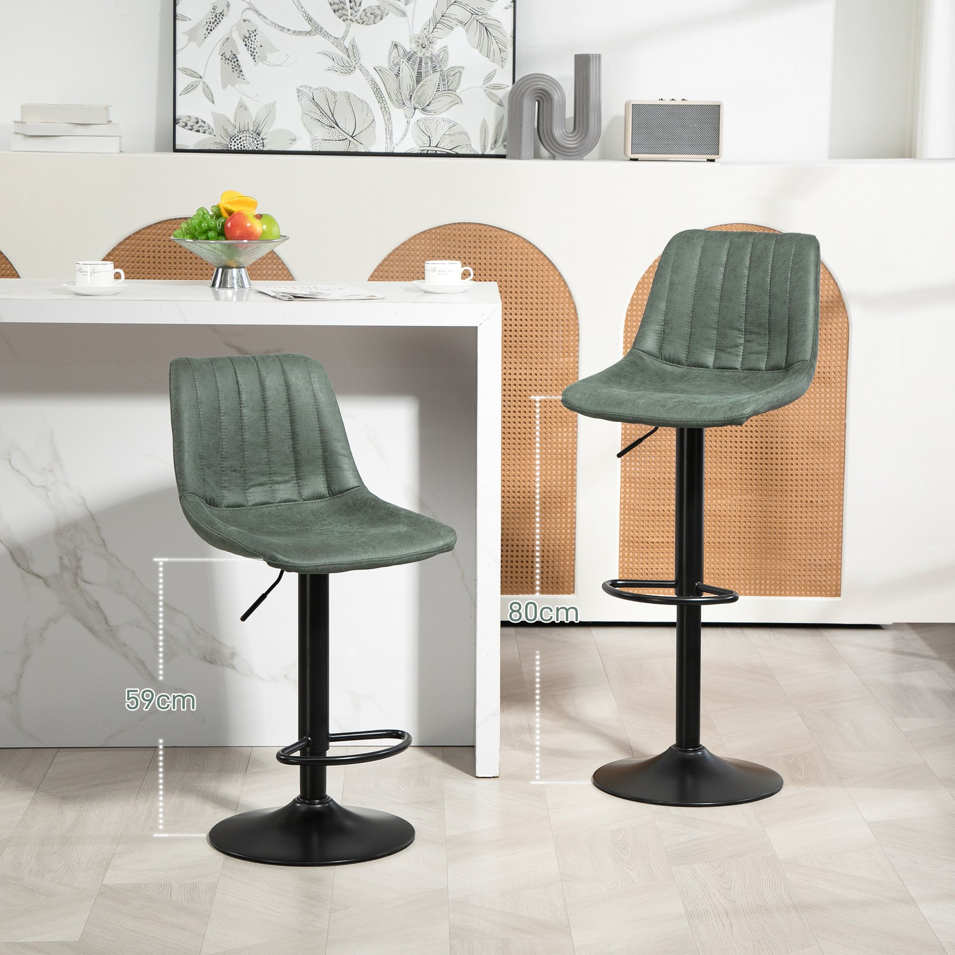 Adjustable Bar Stools Set of 2 Counter Height, Kitchen Bar Stools Dining Chairs 360° Swivel, Green, HOMCOM, 2