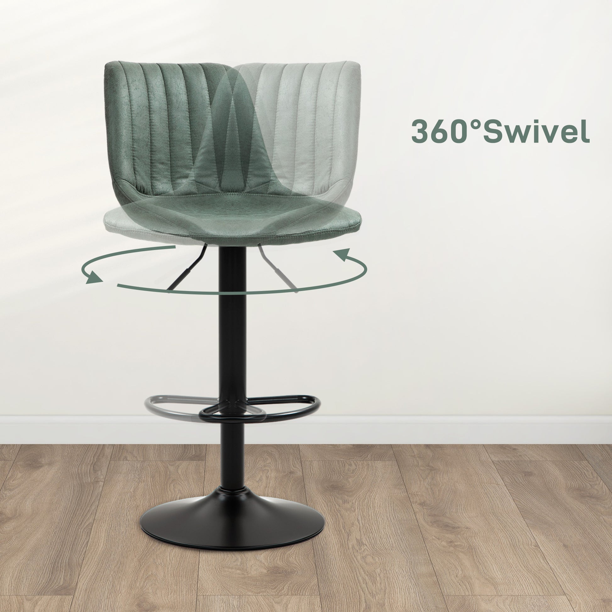Adjustable Bar Stools Set of 2 Counter Height, Kitchen Bar Stools Dining Chairs 360° Swivel, Green, HOMCOM, 4