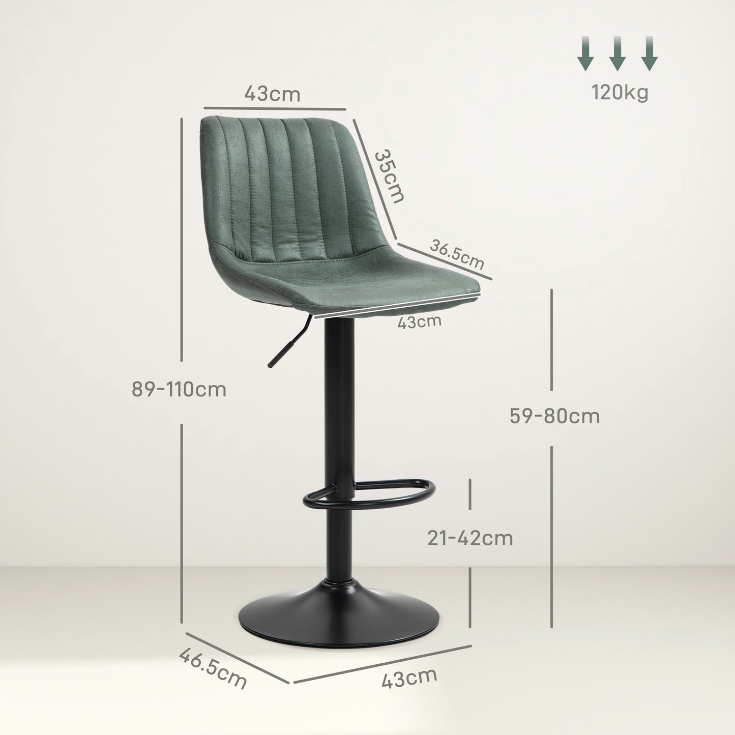 Adjustable Bar Stools Set of 2 Counter Height, Kitchen Bar Stools Dining Chairs 360° Swivel, Green, HOMCOM, 3