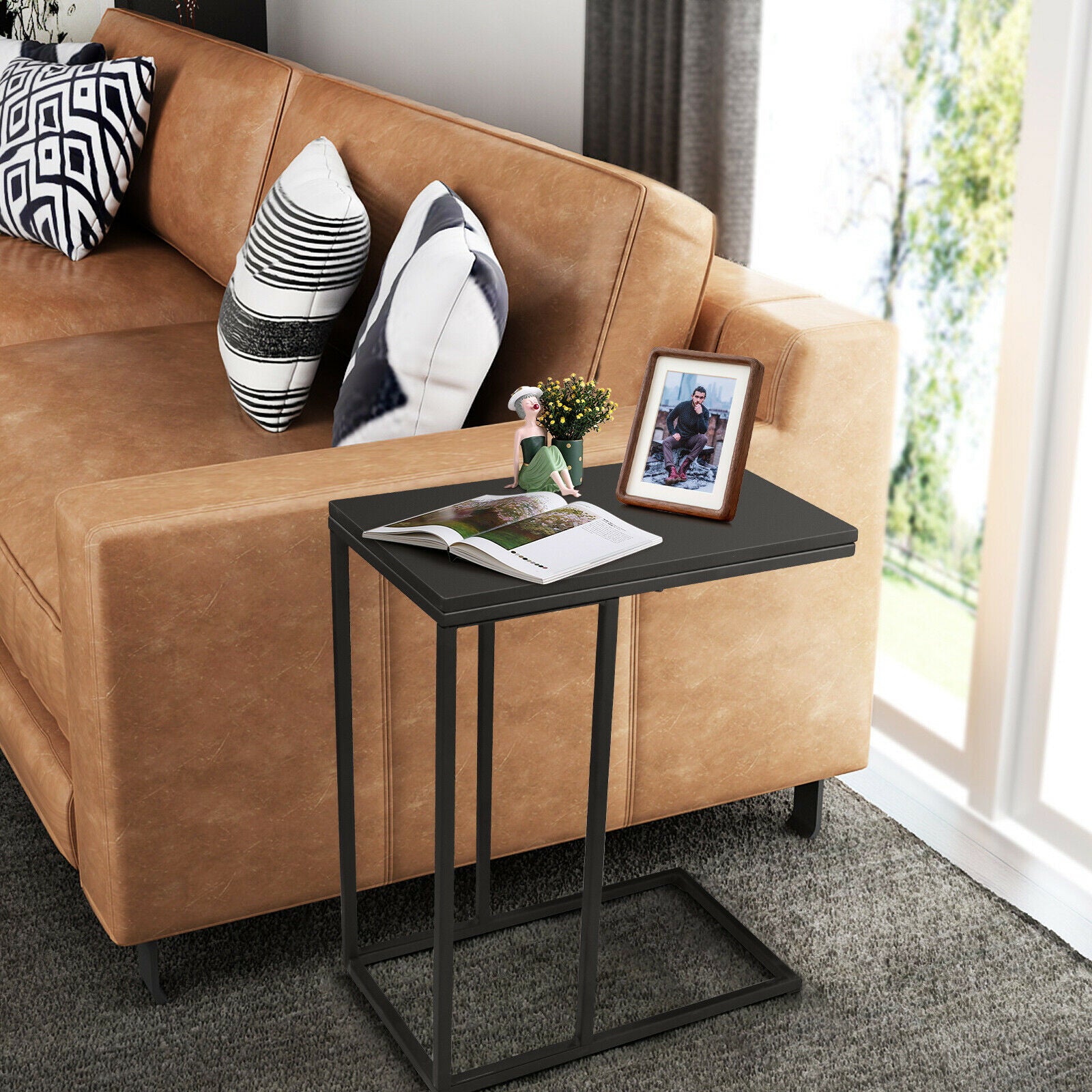 Bedside Table, Side Table, End Table, Industrial Sofa Side Table with C-Shaped Style for Living Room, Black, Costway, 1