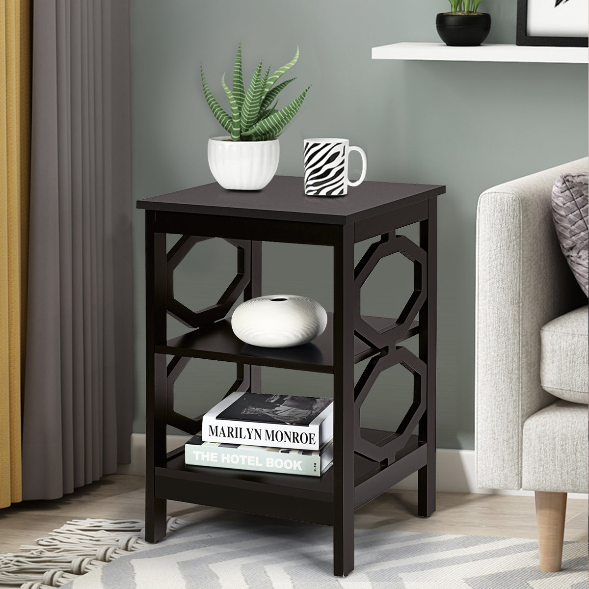 Bedside Table, Side Table, End Table, 3-Tier Bedside Table with Storage Shelves for Living Room Bedroom, Coffee, Costway, 2