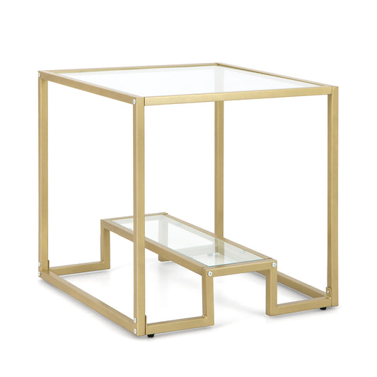 Bedside Table, Side Table, End Table, 2-Tier Snack Table with Golden Metal Frame and Tempered Glass Tabletop, Costway, 1