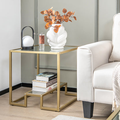 Bedside Table, Side Table, End Table, 2-Tier Snack Table with Golden Metal Frame and Tempered Glass Tabletop, Costway, 2