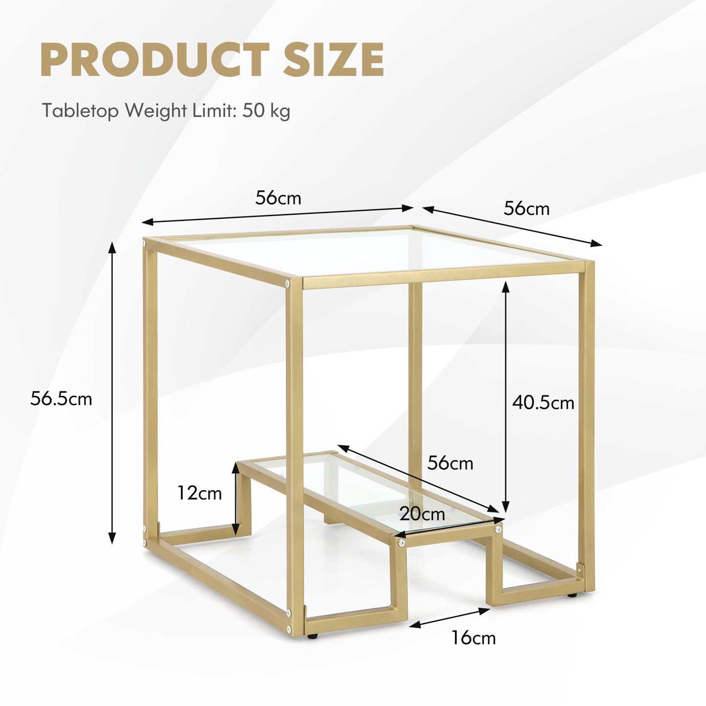 Bedside Table, Side Table, End Table, 2-Tier Snack Table with Golden Metal Frame and Tempered Glass Tabletop, Costway, 4
