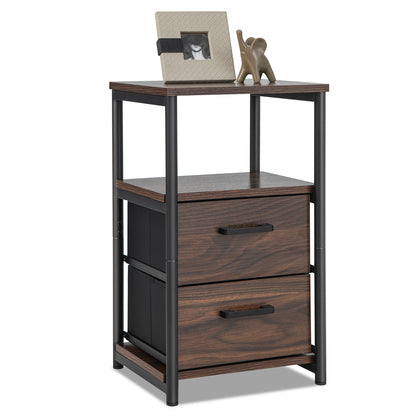Metal Frame Bedside Table with Open Shelf and 2 Drawers, Side Table, End Table, Rustic Brown, Costway, 4