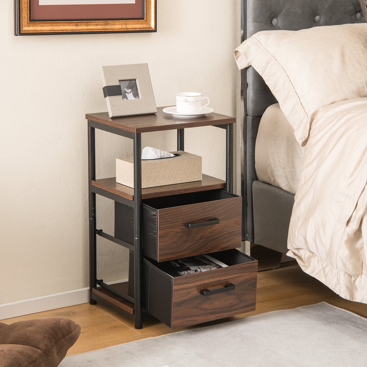 Metal Frame Bedside Table with Open Shelf and 2 Drawers, Side Table, End Table, Rustic Brown, Costway, 1