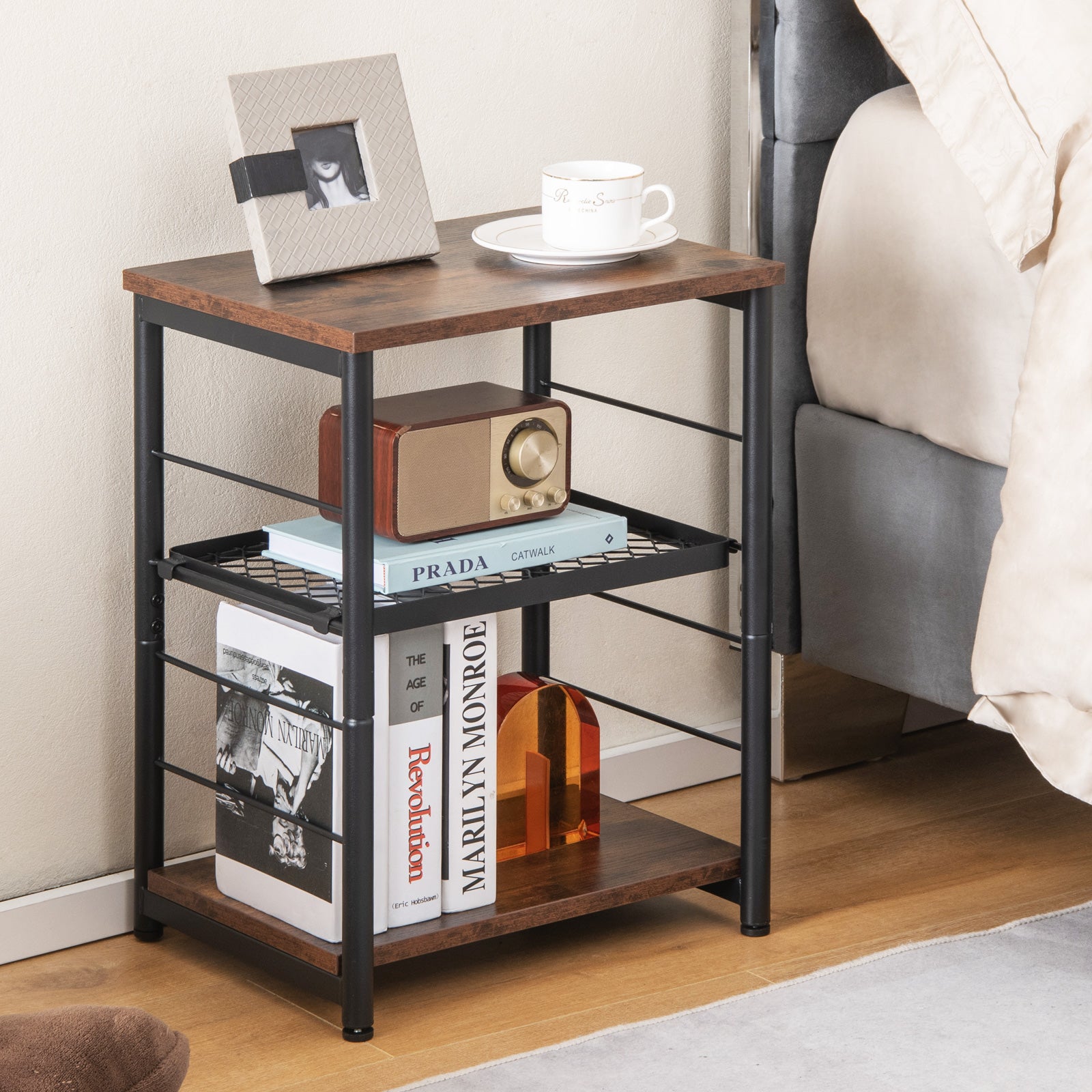 Bedside Table, Side Table, End Table, 3-Tier Side Table with Adjustable Mesh Shelf, Rustic Brown, Costway, 2