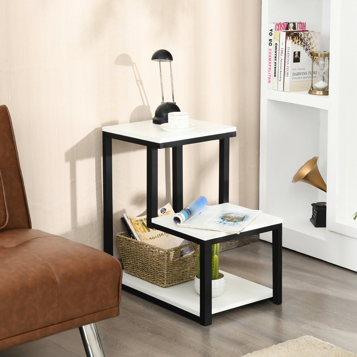 Bedside Table, Side Table, End Table, Industrial Styled End Table with 3 Shelves, White, Costway, 3