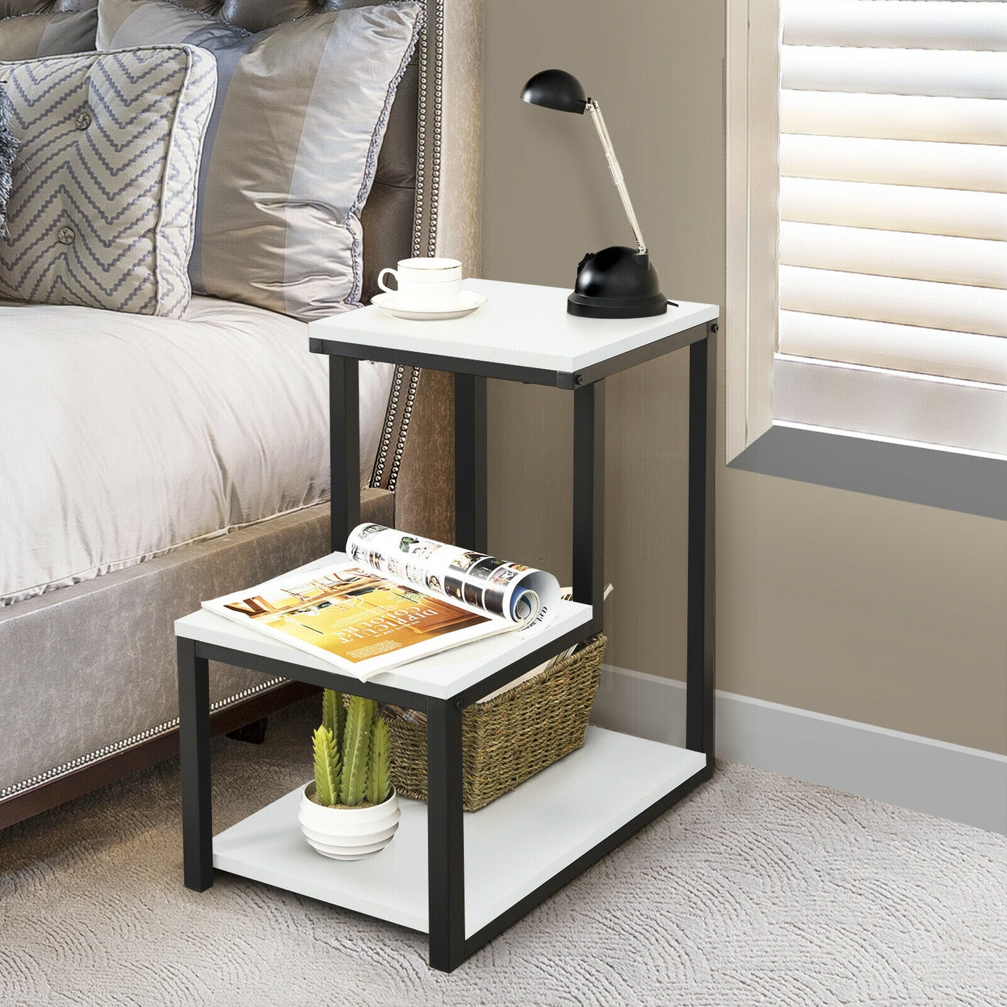 Bedside Table, Side Table, End Table, Industrial Styled End Table with 3 Shelves, White, Costway, 2