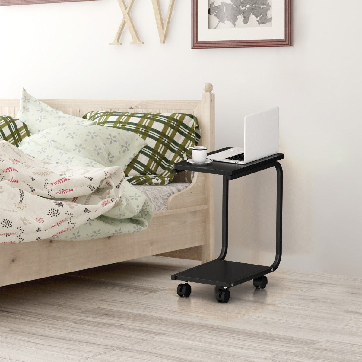 Bedside Table with 4 Wheels, C-Shaped Laptop Side Table, End Table, Costway, 2