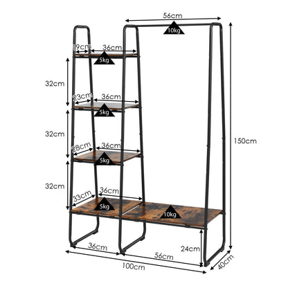 Clothes Rail, Industrial Clothes Rail, Free-Standing Garment Clothing Rack with 5-Tier Wood Shelves, Black, Costway, 3