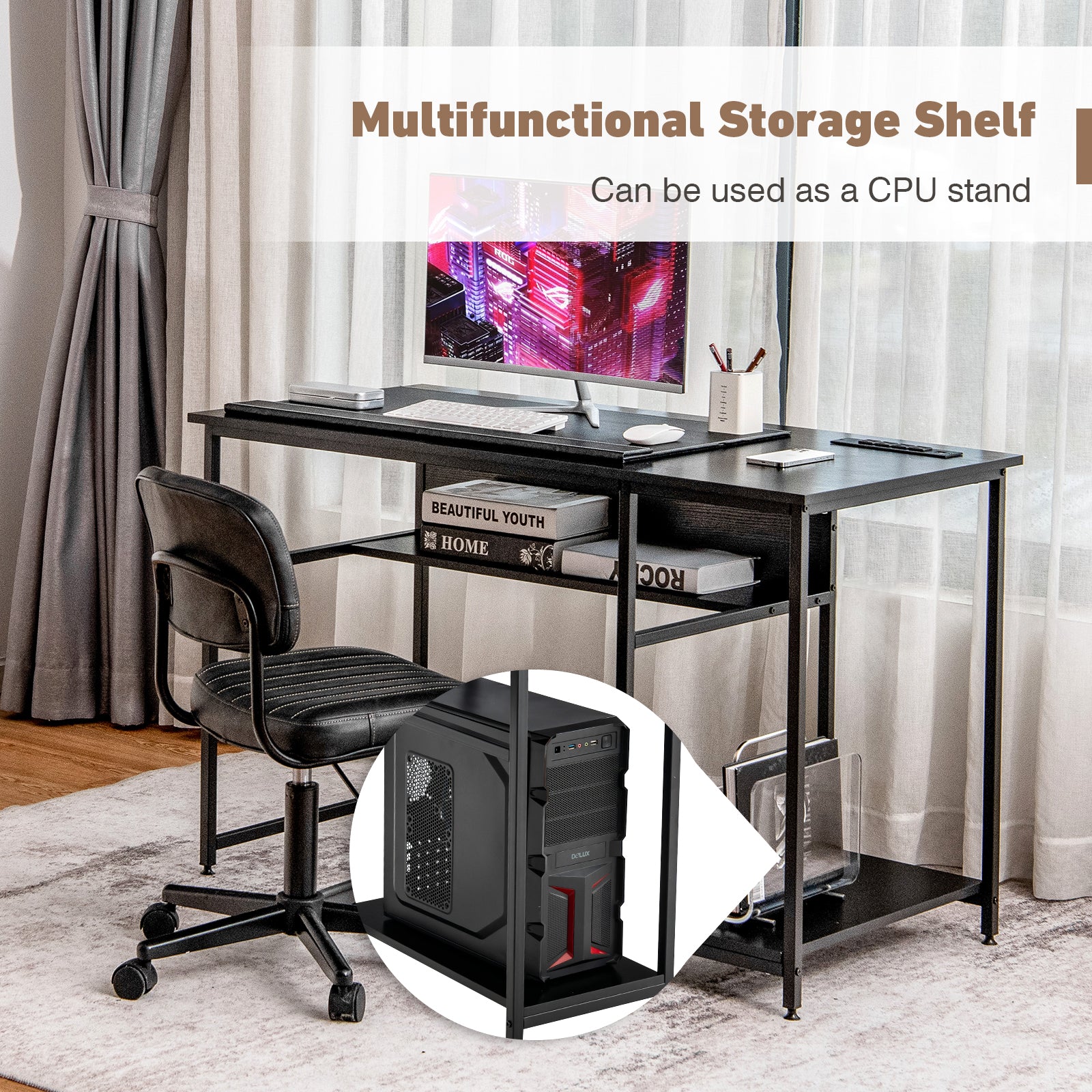 Industrial Computer Desk with Storage Shelf and CPU Stand-Black, Costway, 3