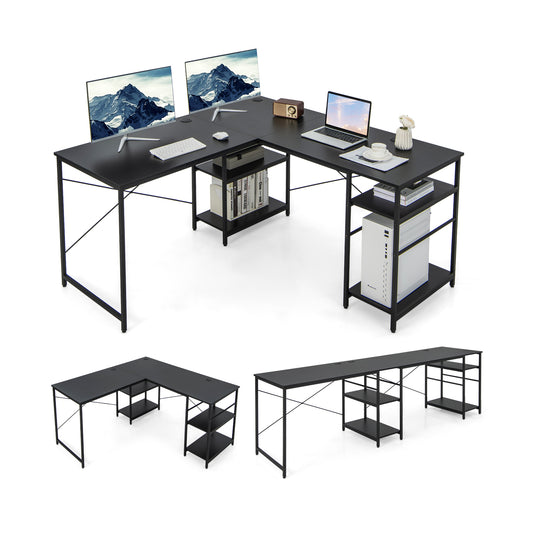 Wooden Industrial L-Shaped Desk with Storage Shelves-Black, Costway, 1