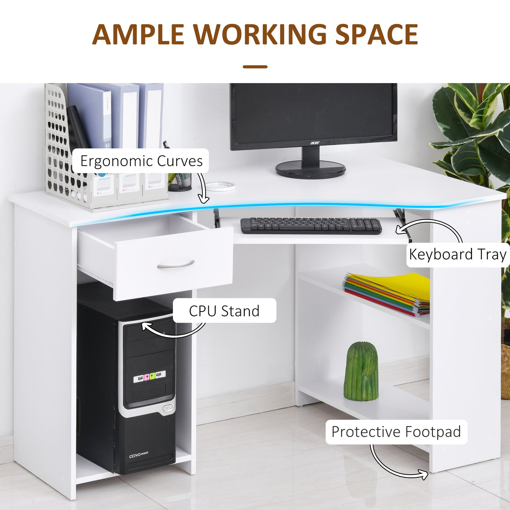 L-Shaped Corner Computer Desk w/ 2 Shelves Wide Worktop Keyboard Tray Drawer & CPU Stand Home Office Study Bedroom Furniture White, HOMCOM, 5