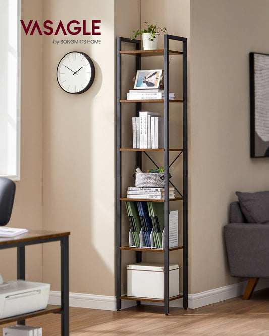 6-Tier Bookshelf, Bookcase, Open Storage Shelving, 40 x 30 x 178.6 cm, Industrial, Rustic Brown and Black, VASAGLE, 2