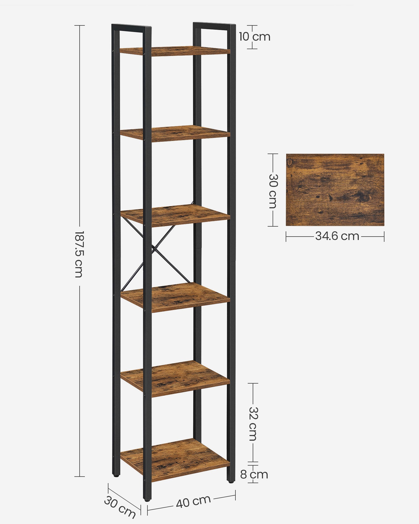6-Tier Bookshelf, Bookcase, Open Storage Shelving, 40 x 30 x 178.6 cm, Industrial, Rustic Brown and Black, VASAGLE, 7