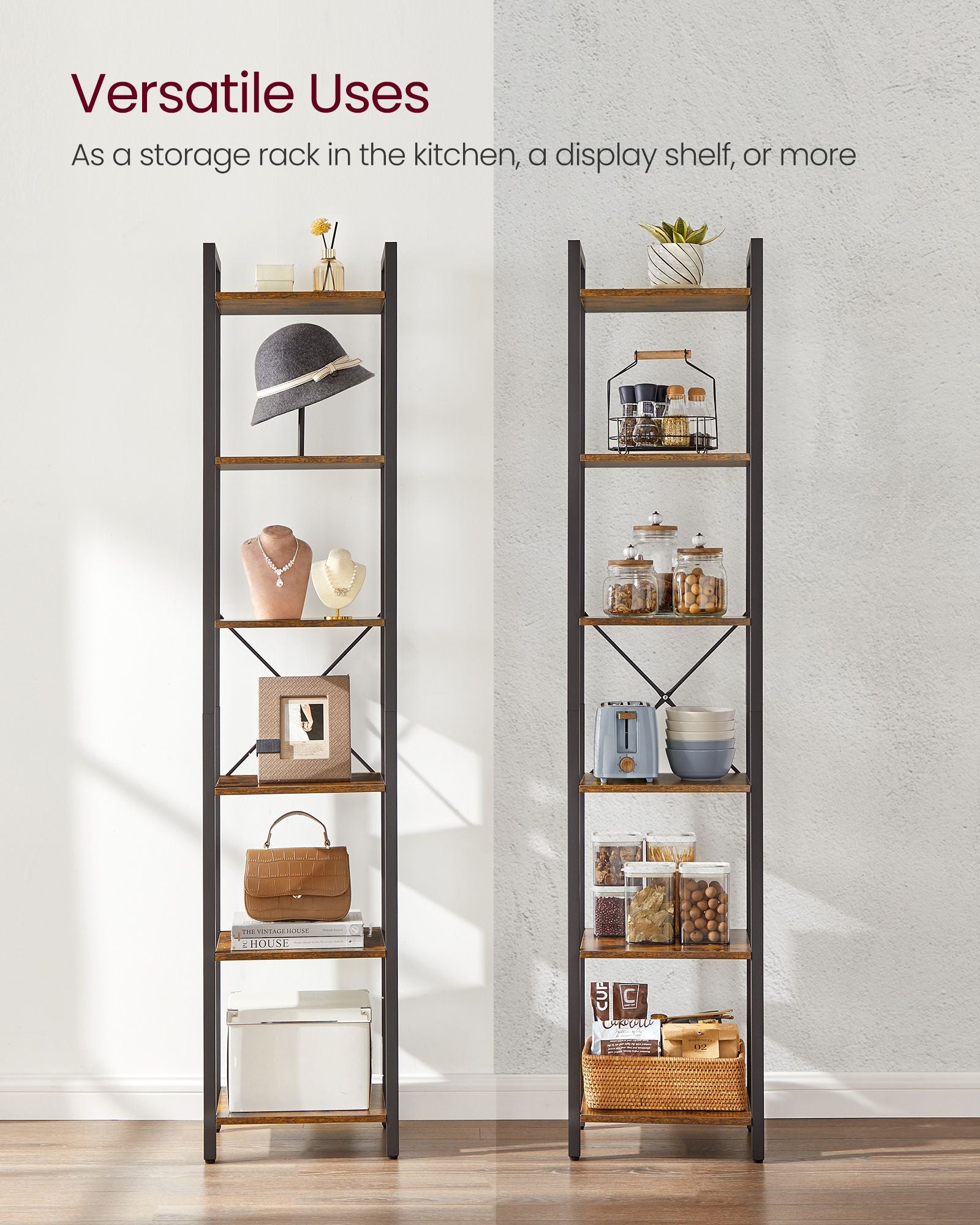 6-Tier Bookshelf, Bookcase, Open Storage Shelving, 40 x 30 x 178.6 cm, Industrial, Rustic Brown and Black, VASAGLE, 9
