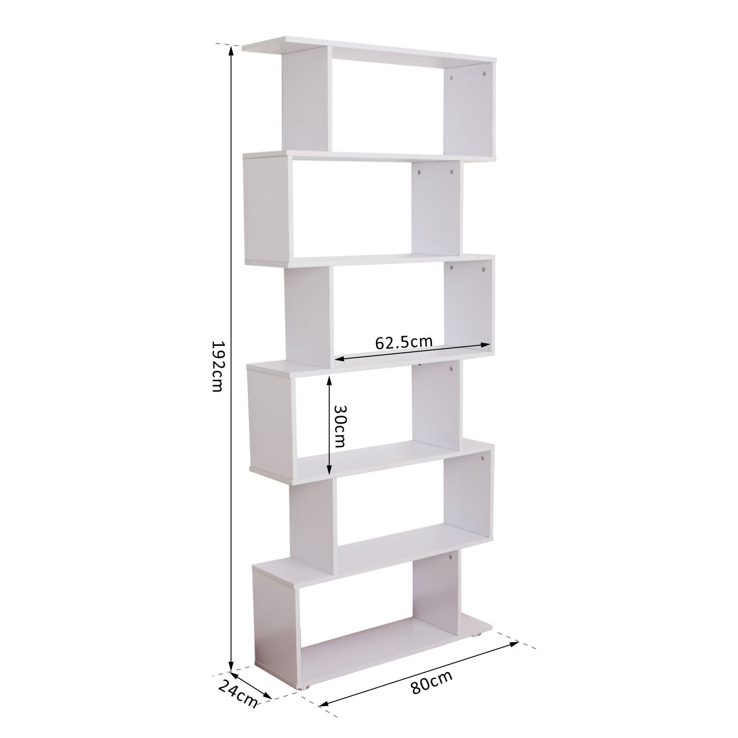 S Shape Wooden 6-tier Bookshelf, Open Concept Bookcase Storage Display Unit, Shelving Units, White, HOMCOM, 3