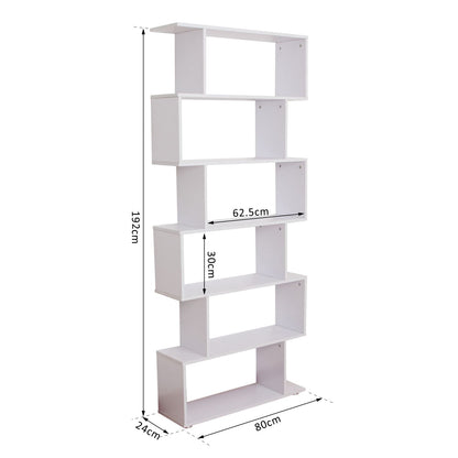 S Shape Wooden 6-tier Bookshelf, Open Concept Bookcase Storage Display Unit, Shelving Units, White, HOMCOM, 3