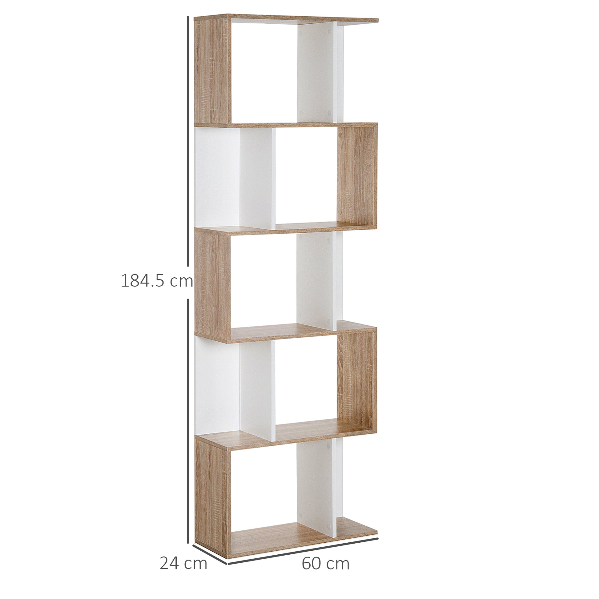 5-tier Bookcase, Storage Display Shelving, S Shape design Unit Divider, White, Wood Effect, HOMCOM, 3