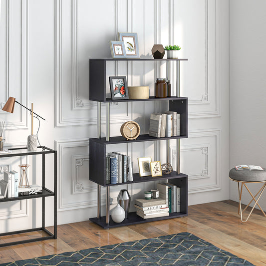 S-Shaped Bookcase, Contemporary Wooden Bookshelf Dividers, Spacious Storage Display Unit, Black, HOMCOM, 8