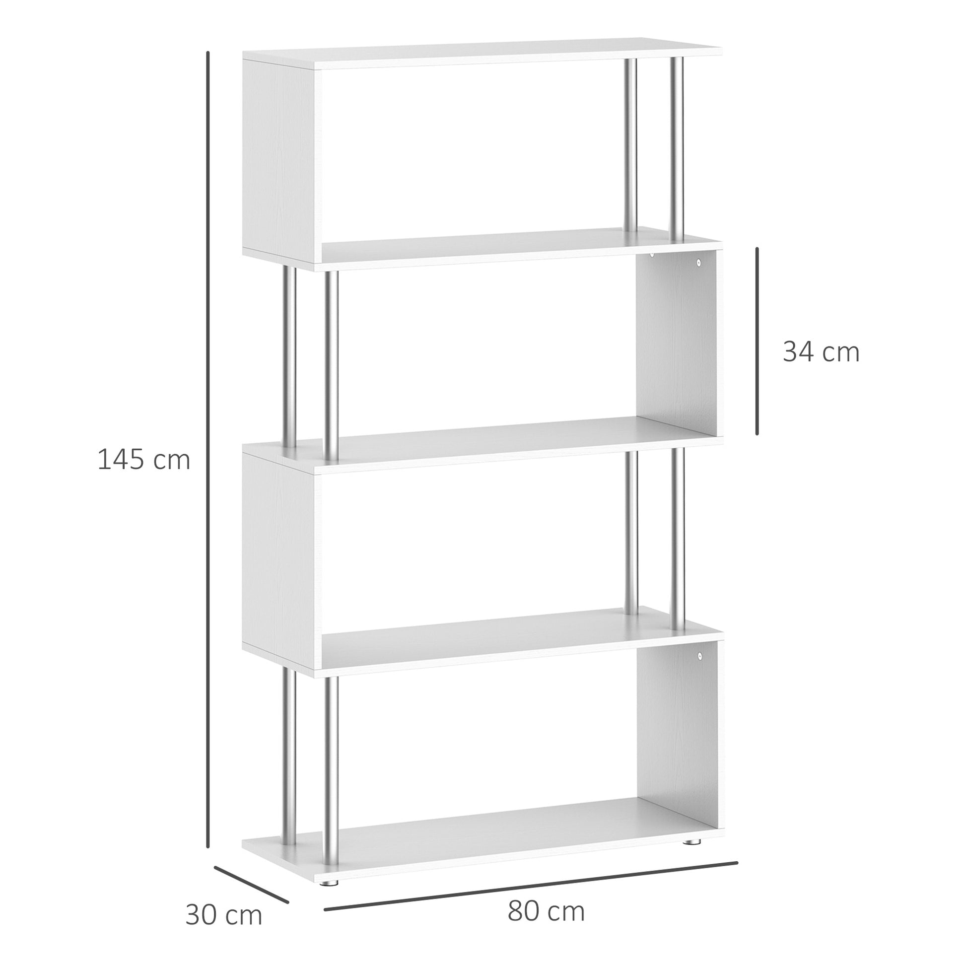 Wooden S Shape Bookcase, Bookshelf Dividers Storage Display Unit, Shelf, Shelving Units, White, HOMCOM, 3