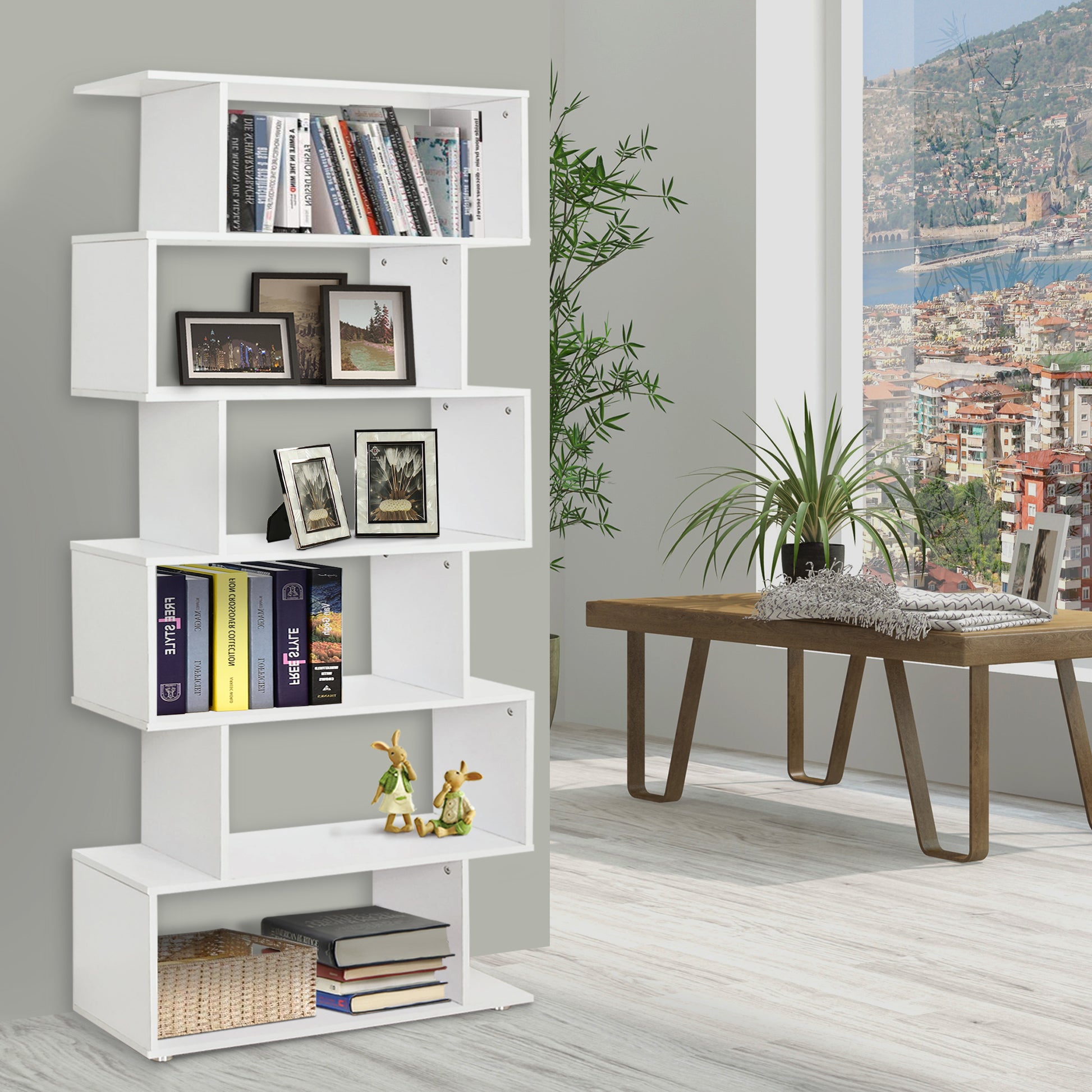 S Shape Wooden 6-tier Bookshelf, Open Concept Bookcase Storage Display Unit, Shelving Units, White, HOMCOM, 8