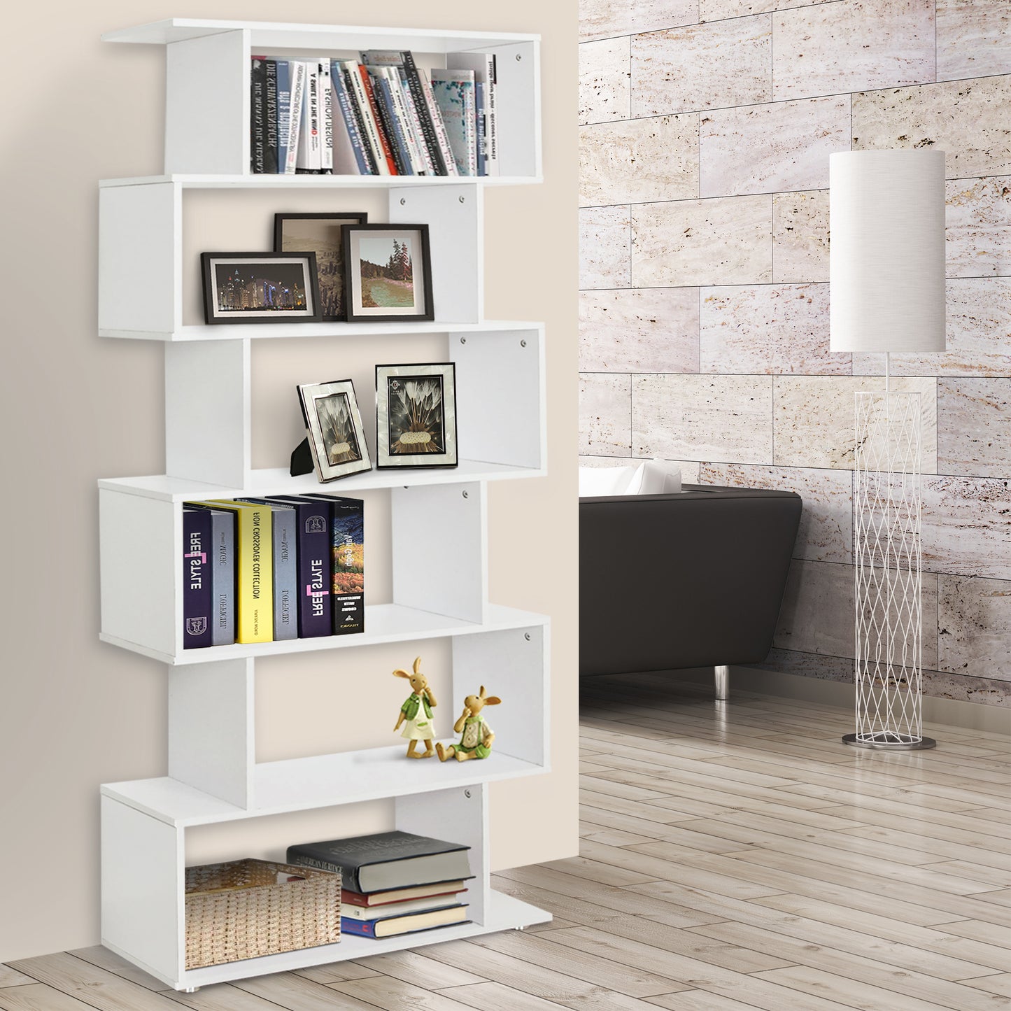 S Shape Wooden 6-tier Bookshelf, Open Concept Bookcase Storage Display Unit, Shelving Units, White, HOMCOM, 9