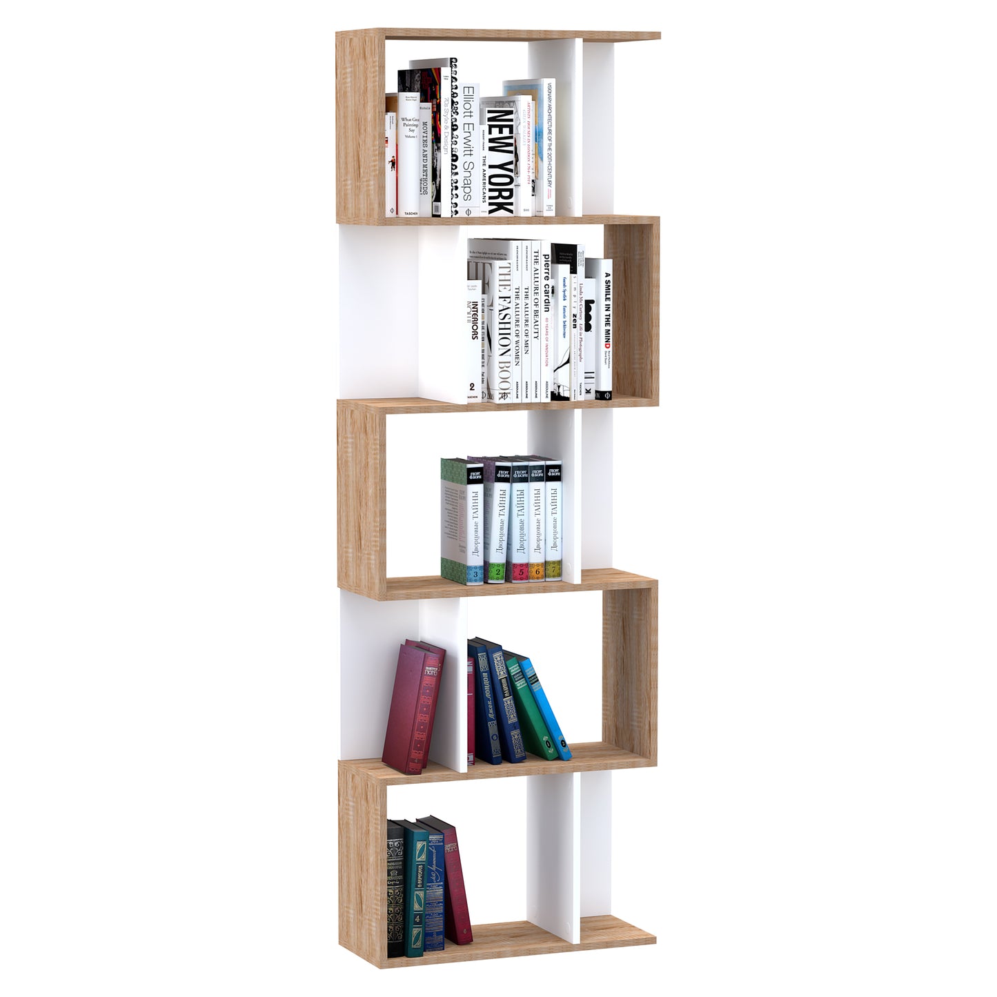5-tier Bookcase, Storage Display Shelving, S Shape design Unit Divider, White, Wood Effect, HOMCOM, 1
