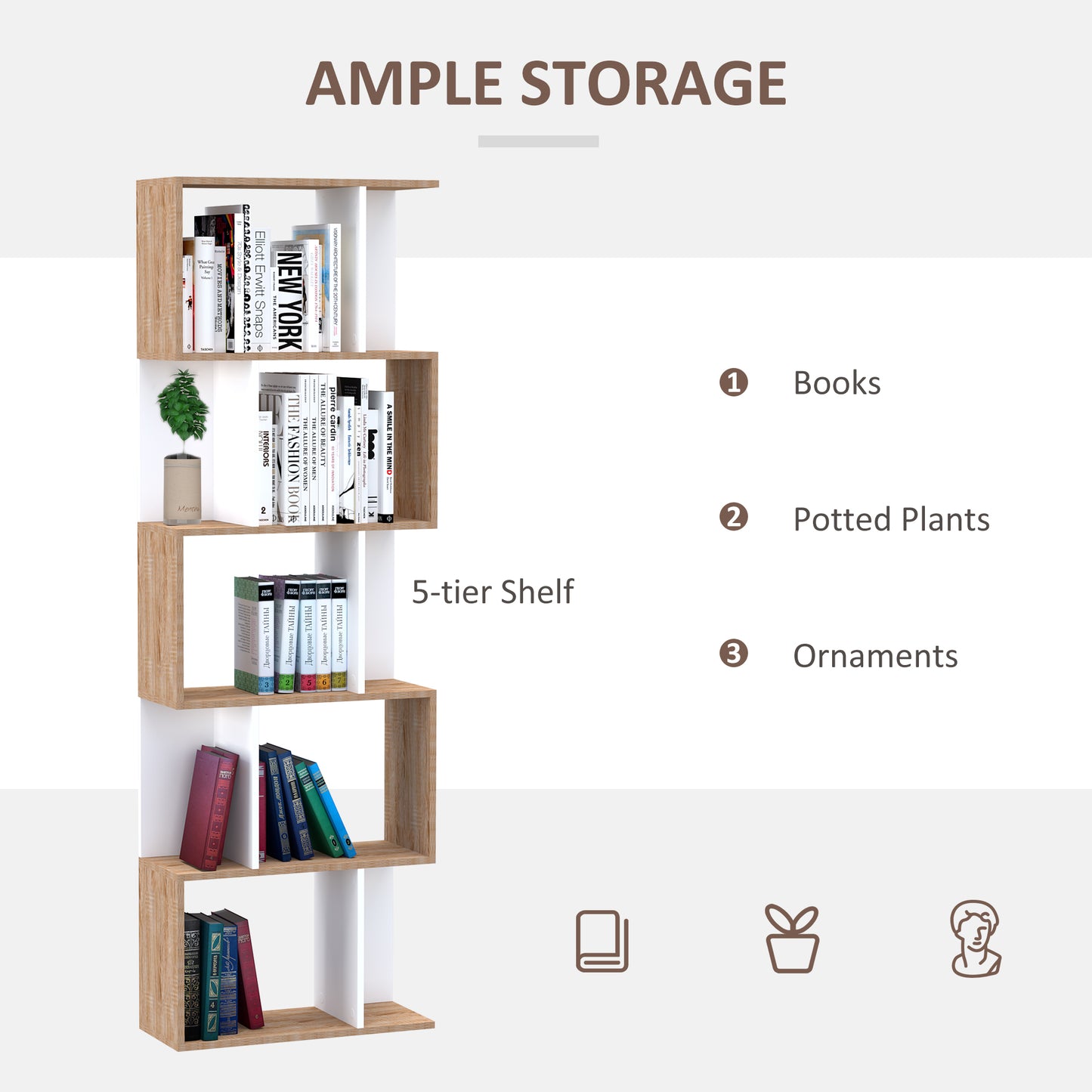 5-tier Bookcase, Storage Display Shelving, S Shape design Unit Divider, White, Wood Effect, HOMCOM, 8