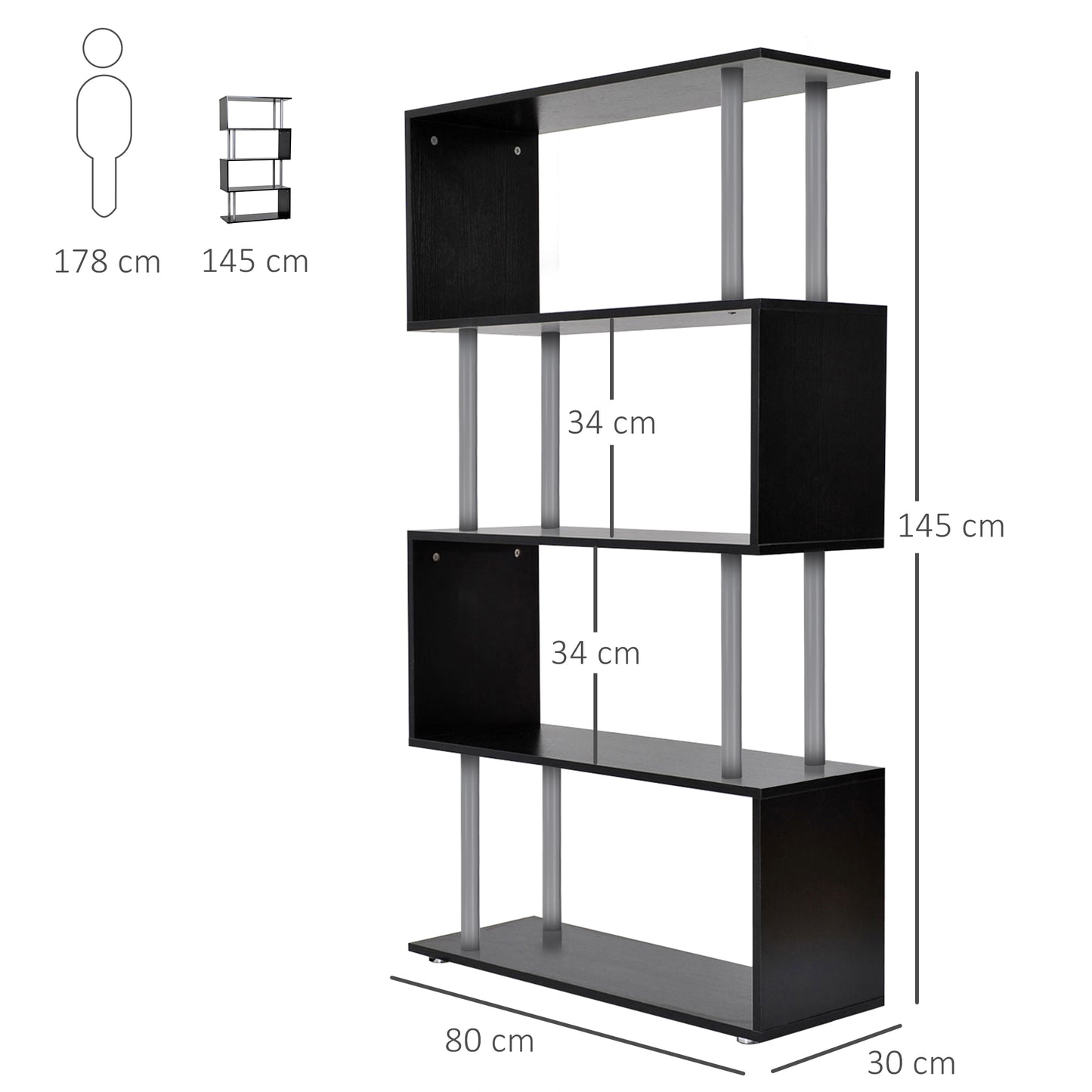 S-Shaped Bookcase, Contemporary Wooden Bookshelf Dividers, Spacious Storage Display Unit, Black, HOMCOM, 3
