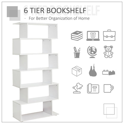 S Shape Wooden 6-tier Bookshelf, Open Concept Bookcase Storage Display Unit, Shelving Units, White, HOMCOM, 7