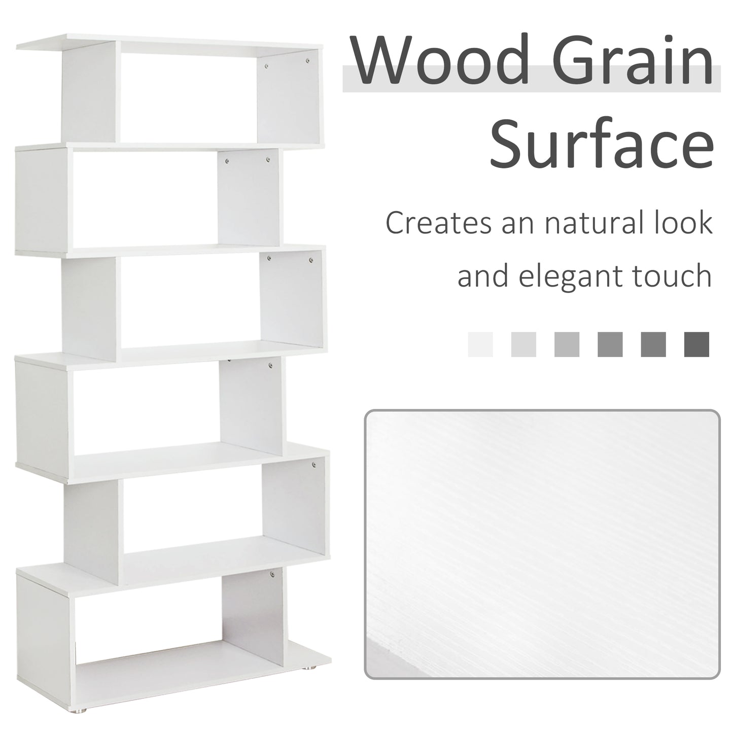 S Shape Wooden 6-tier Bookshelf, Open Concept Bookcase Storage Display Unit, Shelving Units, White, HOMCOM, 6