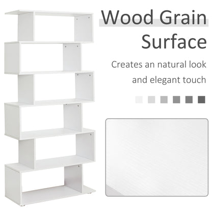 S Shape Wooden 6-tier Bookshelf, Open Concept Bookcase Storage Display Unit, Shelving Units, White, HOMCOM, 6