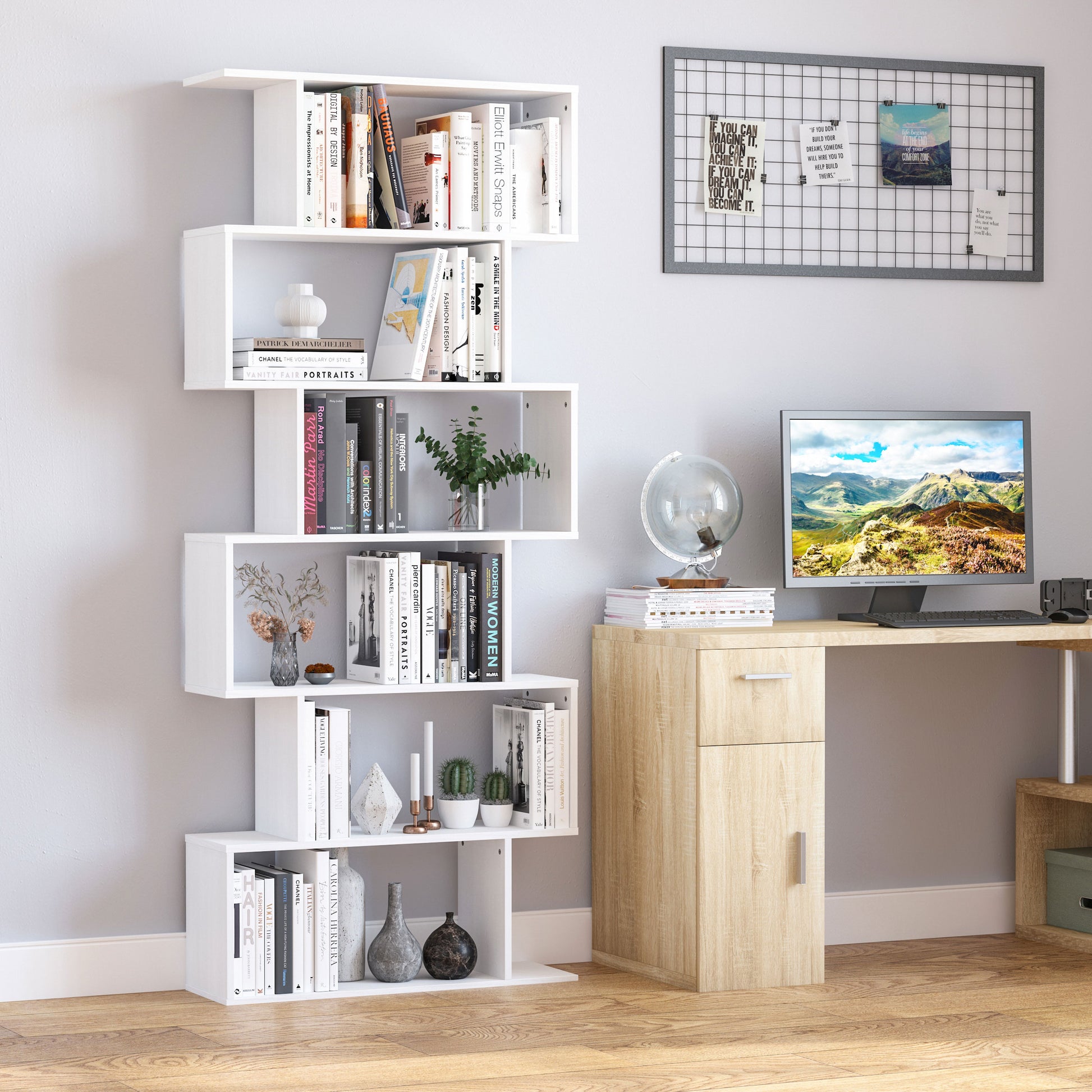 S Shape Wooden 6-tier Bookshelf, Open Concept Bookcase Storage Display Unit, Shelving Units, White, HOMCOM, 1
