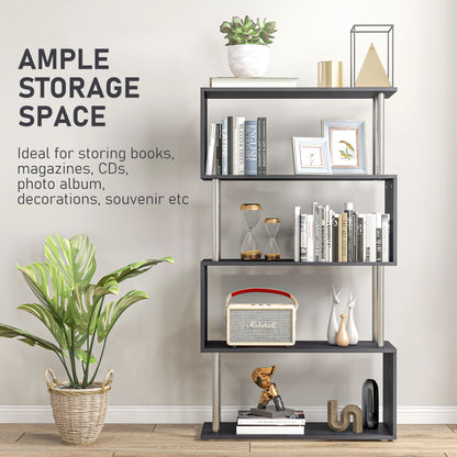 S-Shaped Bookcase, Contemporary Wooden Bookshelf Dividers, Spacious Storage Display Unit, Black, HOMCOM, 4
