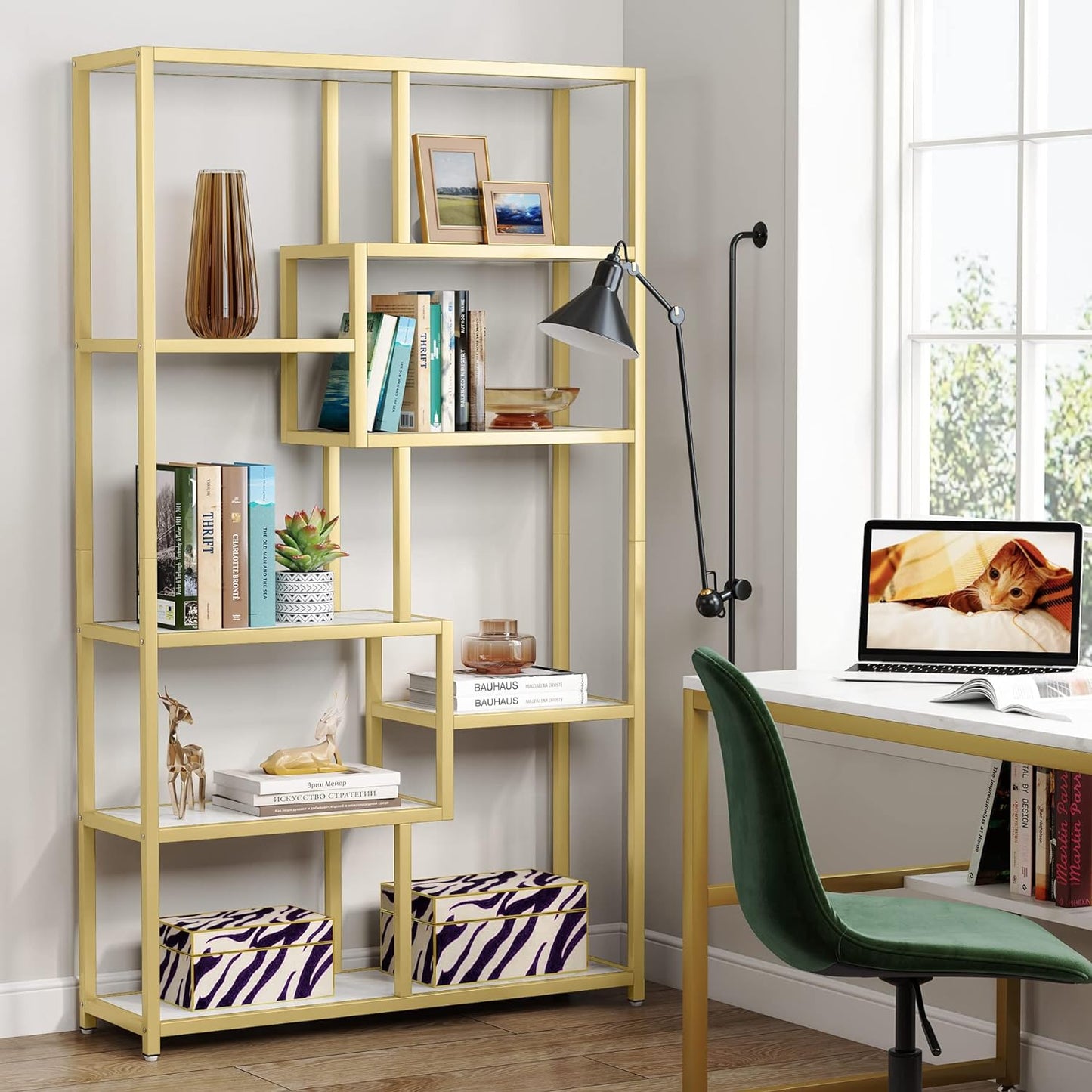 Bookshelf, 8-Open Shelf Etagere Bookcase Storage Organizer, Shelf, Shelving Units, Marble, Tribesigns, 2
