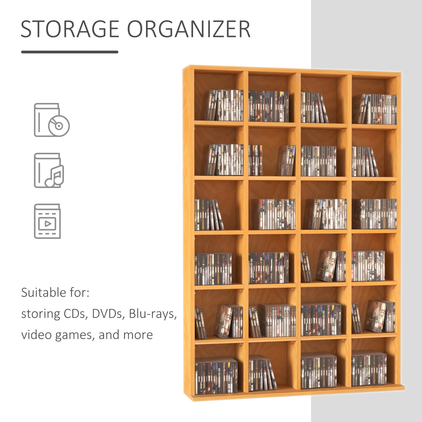 Bookshelf, Shelving Units, 480 CD / 312 DVD Storage Shelf Rack, Wooden Bookcase Display Unit, Beech wood, HOMCOM, 4