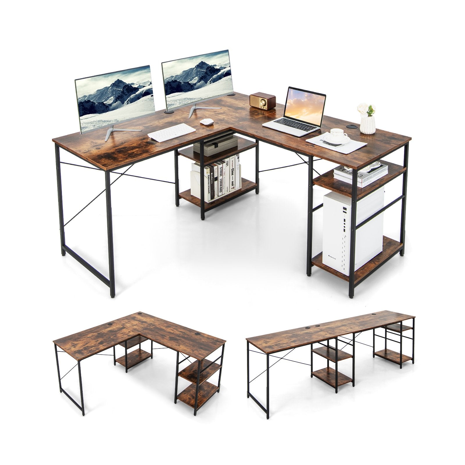 Wooden Industrial L-Shaped Desk with Storage Shelves-Rustic Brown, Costway, 1