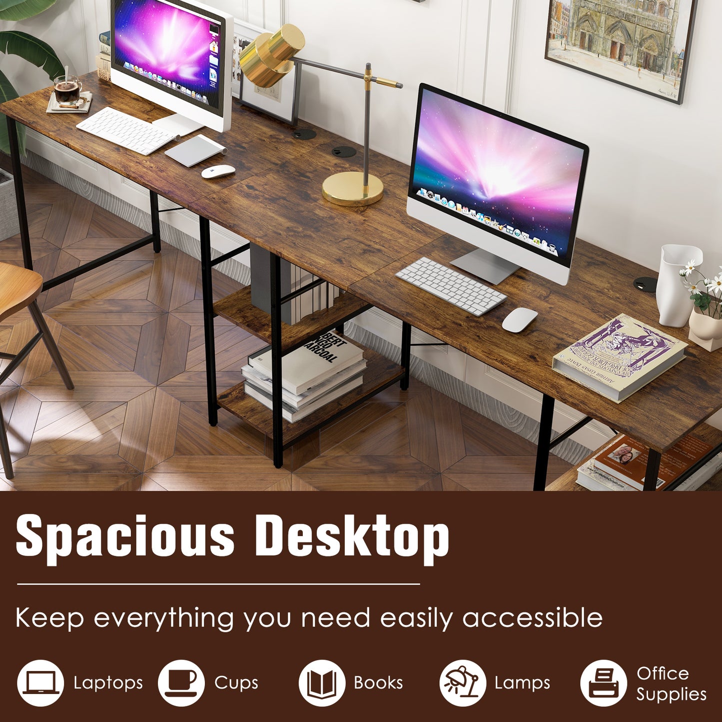 Wooden Industrial L-Shaped Desk with Storage Shelves-Rustic Brown, Costway, 6