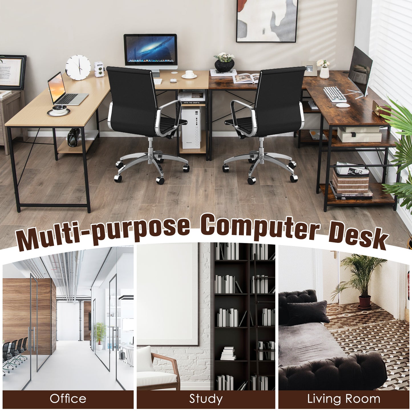 Wooden Industrial L-Shaped Desk with Storage Shelves-Rustic Brown, Costway, 7