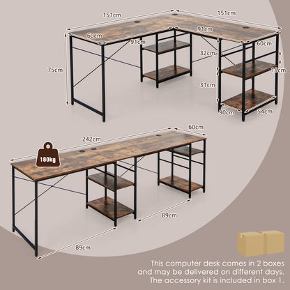 Wooden Industrial L-Shaped Desk with Storage Shelves-Rustic Brown, Costway, 5